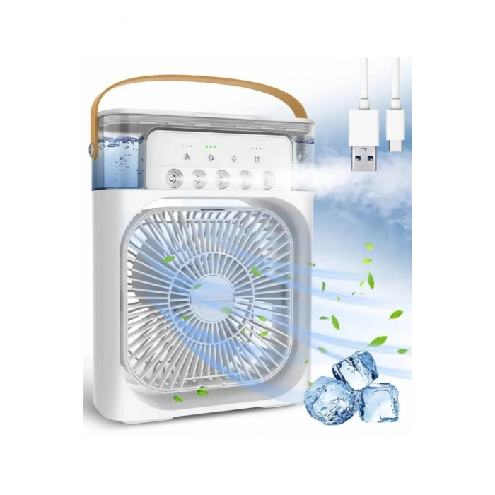 Glr HR001 Beyaz Buzlu Vantilatör Mini Fan 5 Spreyli Su Püskürtmeli 600 ML Buhar Makinesi Nemlendirici Mini Klima