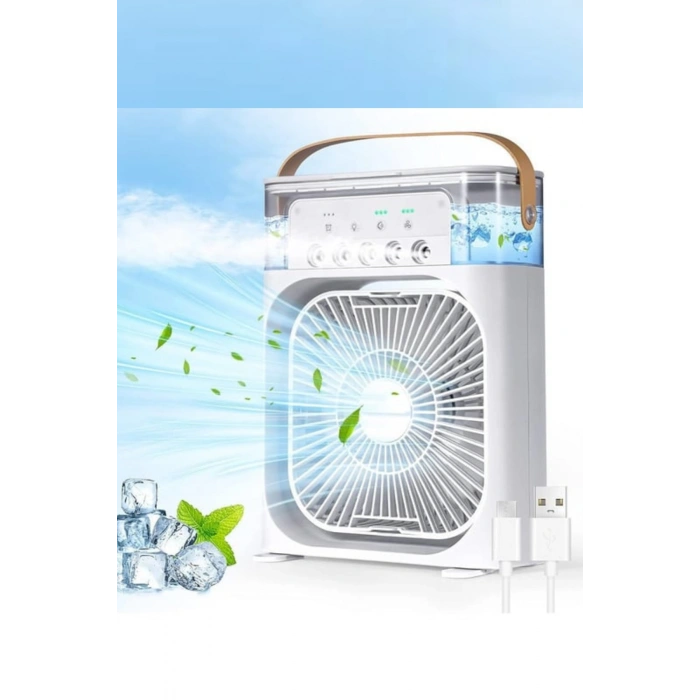 Glr HR001 Beyaz Buzlu Vantilatör Mini Fan 5 Spreyli Su Püskürtmeli 600 ML Buhar Makinesi Nemlendirici Mini Klima