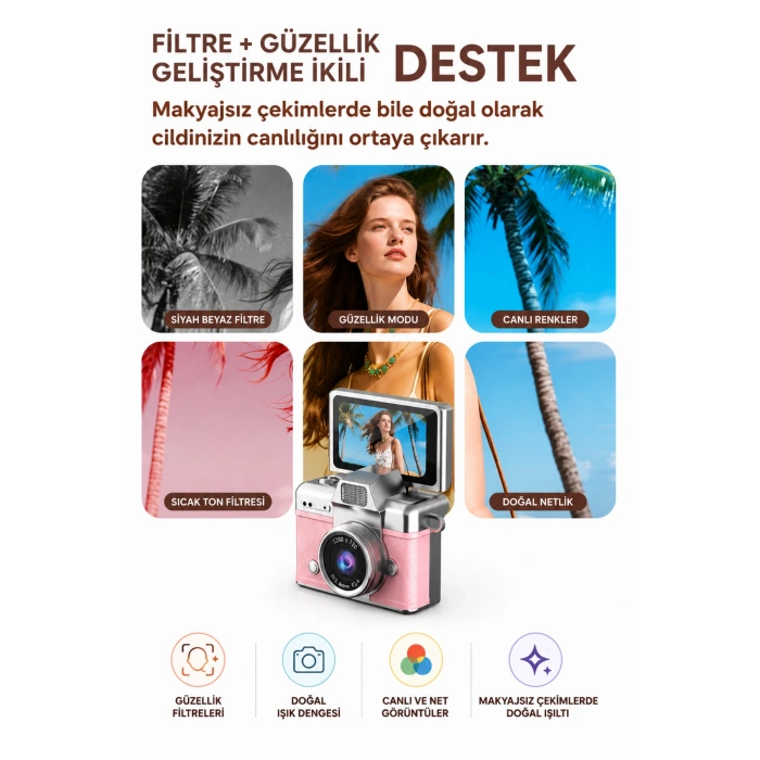 Cepaks Lk-027 Beyaz Retro Mini Dijital Fotoğraf Makinesi HD Video, Katlanabilir Ekranlı 48 Mp Flaşlı