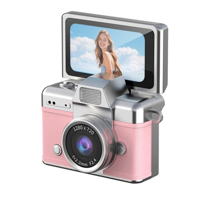 Cepaks Lk-027 Pembe Retro Mini Dijital Fotoğraf Makinesi HD Video, Katlanabilir Ekranlı 48 Mp Flaşlı
