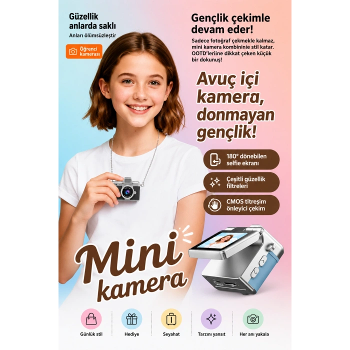 Cepaks Lk-027 Siyah Retro Mini Dijital Fotoğraf Makinesi HD Video, Katlanabilir Ekranlı 48 Mp Flaşlı