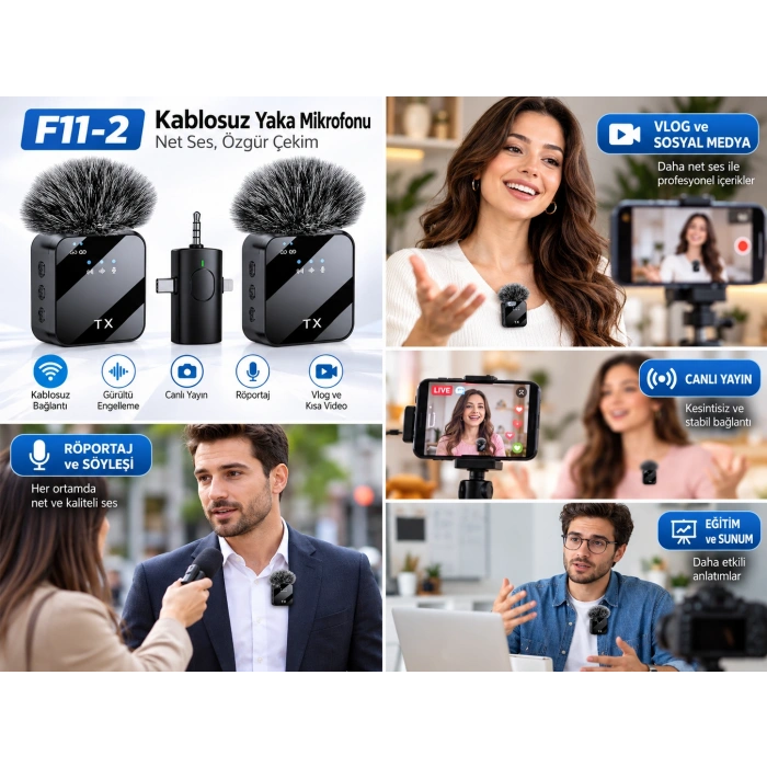F11-2 Çiftli Kablosuz Yaka Mikrofonu Vlog Canlı Yayın Type-C Lightning 3.5mm Uyumlu Yaka Mikrofon Seti