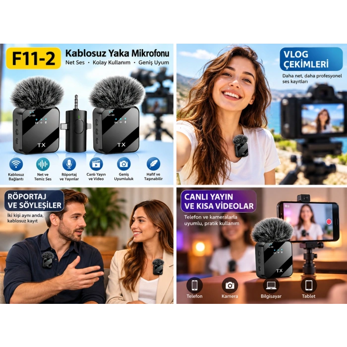 F11-2 Çiftli Kablosuz Yaka Mikrofonu Vlog Canlı Yayın Type-C Lightning 3.5mm Uyumlu Yaka Mikrofon Seti