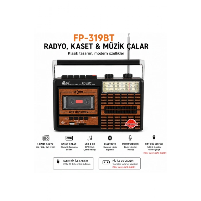 Fepe FP-319BT Elektrikli Nostaljik Kaset Çalar Radyo - Bluetooth, USB, SD Müzik Çalar