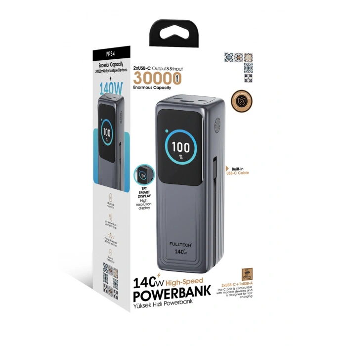 Fulltech FP34 140W Süper Hızlı Powerbank | 30000mAh Yüksek Kapasiteli | PD & QC 3.0 Destekli Akıllı Ekranlı Taşınabilir Şarj Cihazı