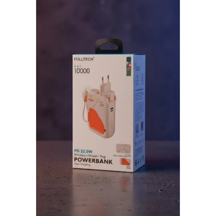 Fulltech FP18 10000 mAh 22.5W Powerbank  5in1 Kablosuz Şarj Fişli Priz Adaptörü ve Hızlı Şarj Desteği