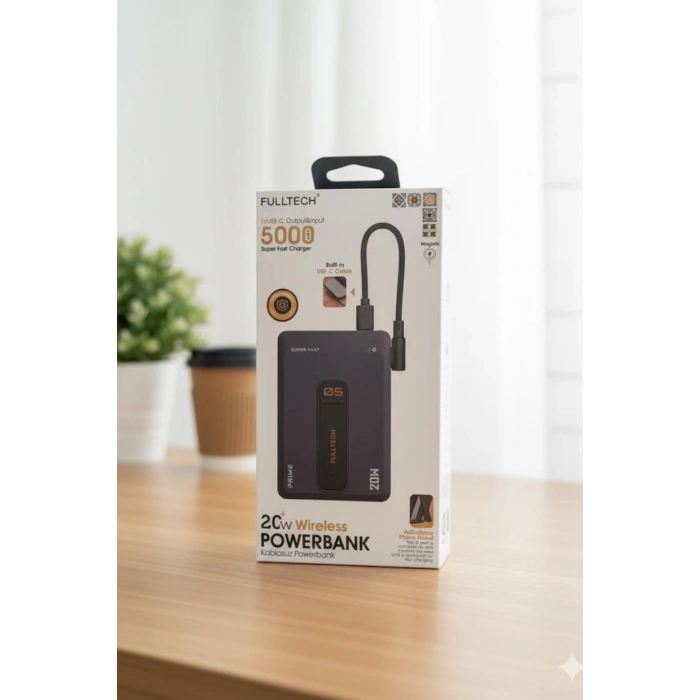 Fulltech FP38 5000 mAh 20W Kablosuz Powerbank MagSafe Uyumlu Dahili USB-C Kablolu