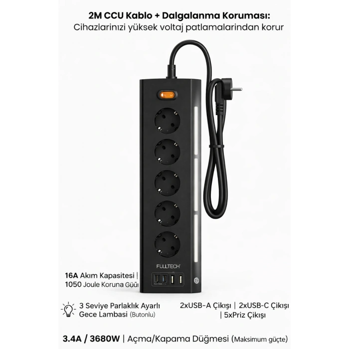 Fulltech FTR-26 5Li Akım Korumalı Priz 2 USB-A, 2 USB-C, 3 Kademeli Gece Lambası, 2 Metre Kablo - 3680W