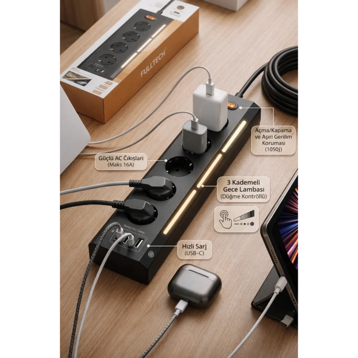 Fulltech FTR-26 5Li Akım Korumalı Priz 2 USB-A, 2 USB-C, 3 Kademeli Gece Lambası, 2 Metre Kablo - 3680W