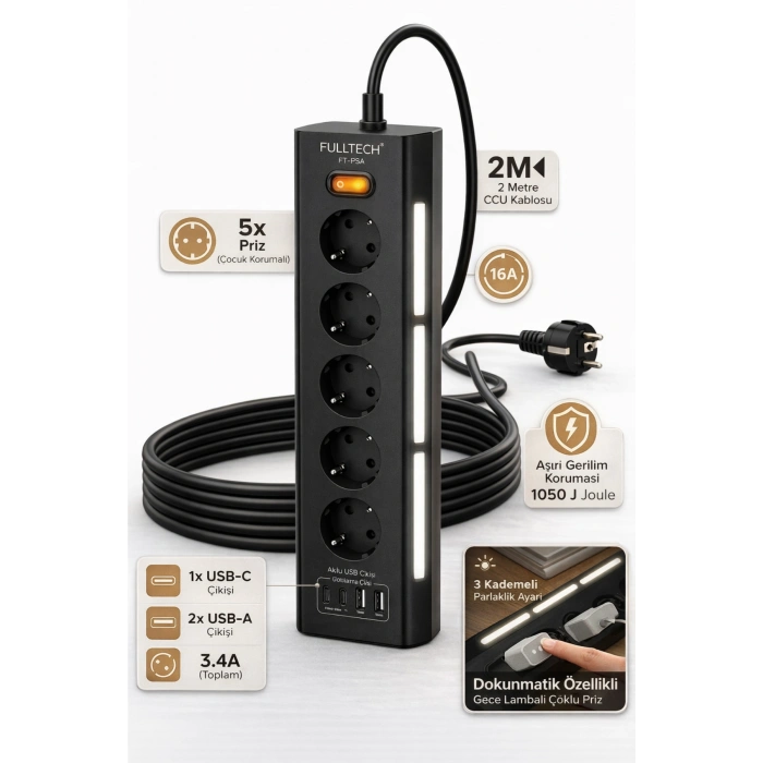 Fulltech FTR-26 5Li Akım Korumalı Priz 2 USB-A, 2 USB-C, 3 Kademeli Gece Lambası, 2 Metre Kablo - 3680W