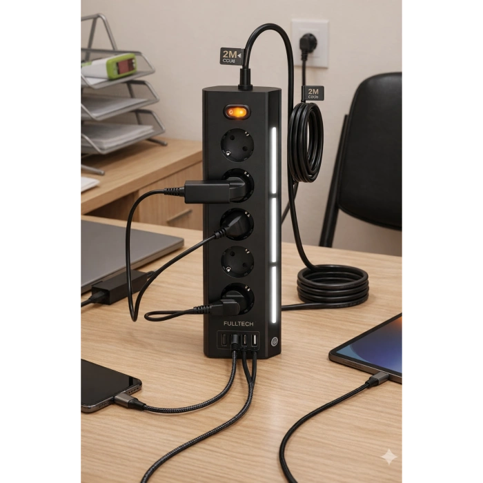Fulltech FTR-26 5Li Akım Korumalı Priz 2 USB-A, 2 USB-C, 3 Kademeli Gece Lambası, 2 Metre Kablo - 3680W