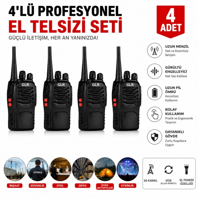Glr 4 Adet Telsiz Seti Prm Profesyonel Uzun Menzil Dayanıklı Şarjlı Telsiz 888