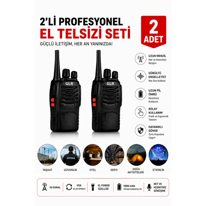 Glr 888 El Telsizi - 1500 mAh Batarya, Pmr El Fenerli 16 Kanal 2 Adet