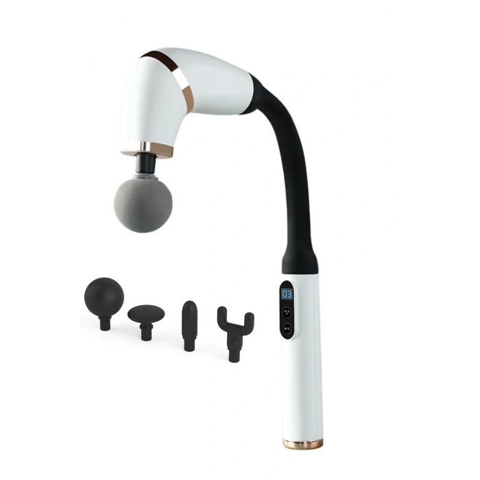 Glr FH-318 Beyaz Uzun Saplı Masaj Tabancası 6 Hızlı Profesyonel Perküsyon Kas Masajı | 4 Başlıklı