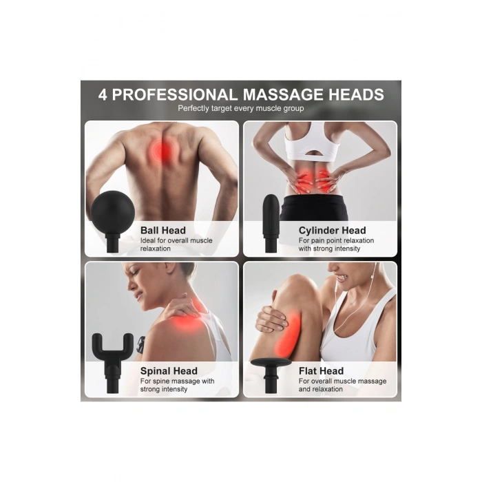 Glr FH-318 Beyaz Uzun Saplı Masaj Tabancası 6 Hızlı Profesyonel Perküsyon Kas Masajı | 4 Başlıklı