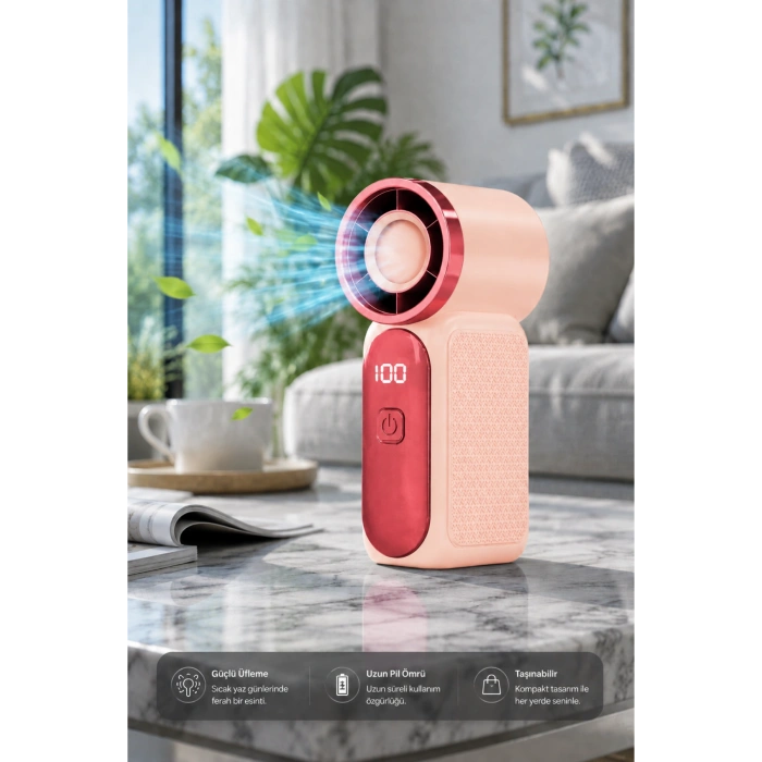 Glr FS-24 Pembe Şarj Edilebilir Mini El Fanı Yüksek Hızlı Taşınabilir Cep Vantilatörü