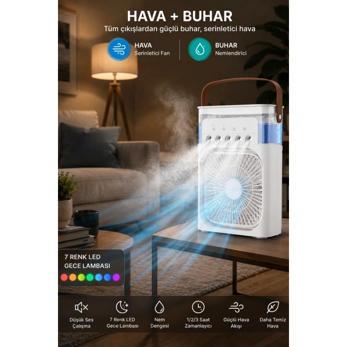 Glr HR001 Beyaz Sulu Fan Masa Üstü Mini Klima Vantilatör Işıklı Nemlendiricili Soğutucu Fan