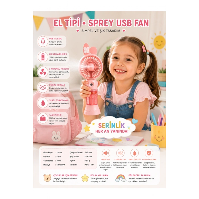 Glr K03 Taşınabilir Sulu El Fanı, Mini Buharlı Vantilatör, Type-C Şarjlı Seyahat Fanı