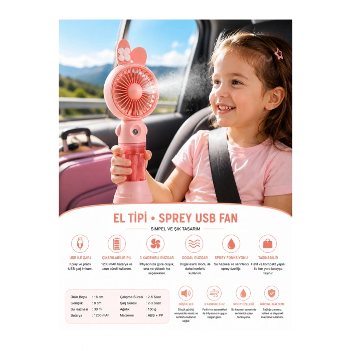 Glr K03 Taşınabilir Sulu El Fanı, Mini Buharlı Vantilatör, Type-C Şarjlı Seyahat Fanı