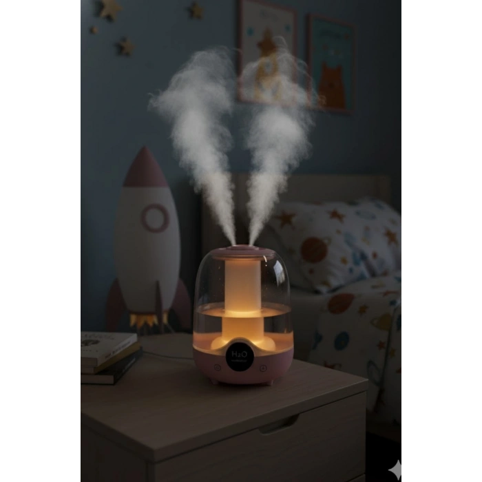 Glr K07 Pembe Çift Spreyli Ultrasonik Sessiz Hava Nemlendirici ve Gece Lambası | 3L Kapasite