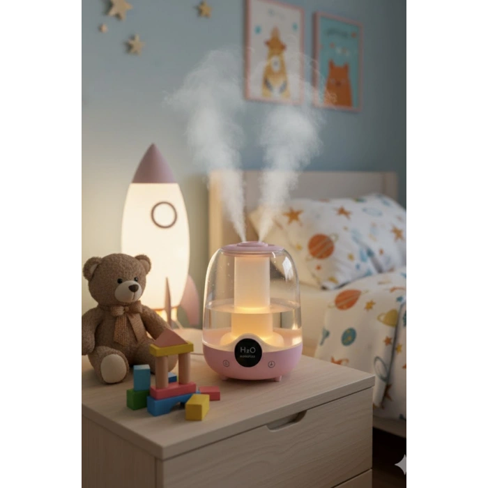 Glr K07 Pembe Çift Spreyli Ultrasonik Sessiz Hava Nemlendirici ve Gece Lambası | 3L Kapasite