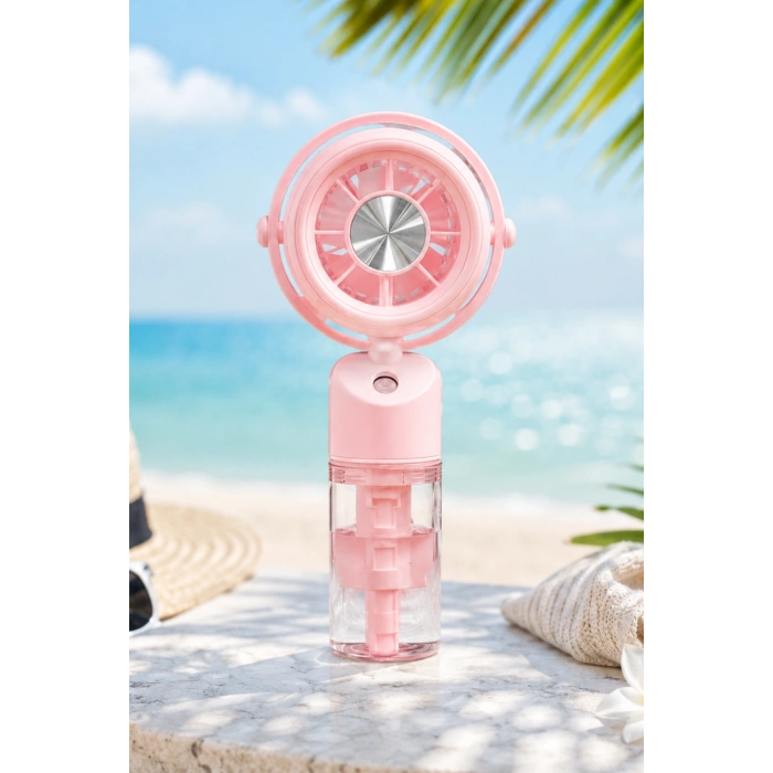 Glr K09 Pembe Şarjlı Sulu Mini Vantilatör  3 Kademeli Taşınabilir El Fanı, Nemlendiricili Buharlı Fan