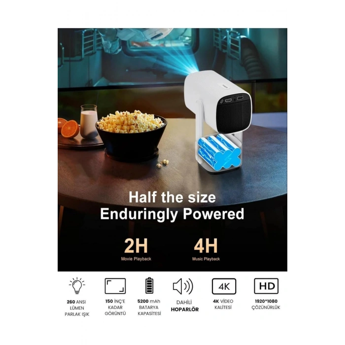 Glr K2 Pan-Tilt Lambalı Projektör 4K Destekli, Bluetooth 5.2 Android 11.0 Otomatik Odaklamalı Akıllı Projektör