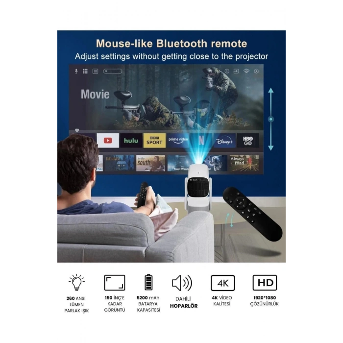 Glr K2 Pan-Tilt Lambalı Projektör 4K Destekli, Bluetooth 5.2 Android 11.0 Otomatik Odaklamalı Akıllı Projektör