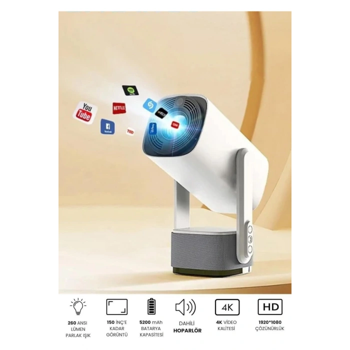 Glr K2 Pan-Tilt Lambalı Projektör 4K Destekli, Bluetooth 5.2 Android 11.0 Otomatik Odaklamalı Akıllı Projektör