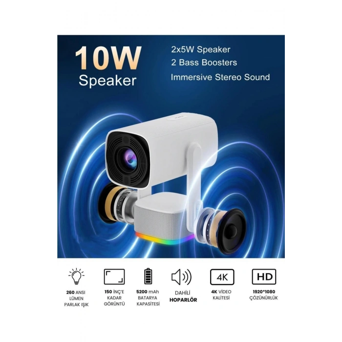 Glr K2 Pan-Tilt Lambalı Projektör 4K Destekli, Bluetooth 5.2 Android 11.0 Otomatik Odaklamalı Akıllı Projektör