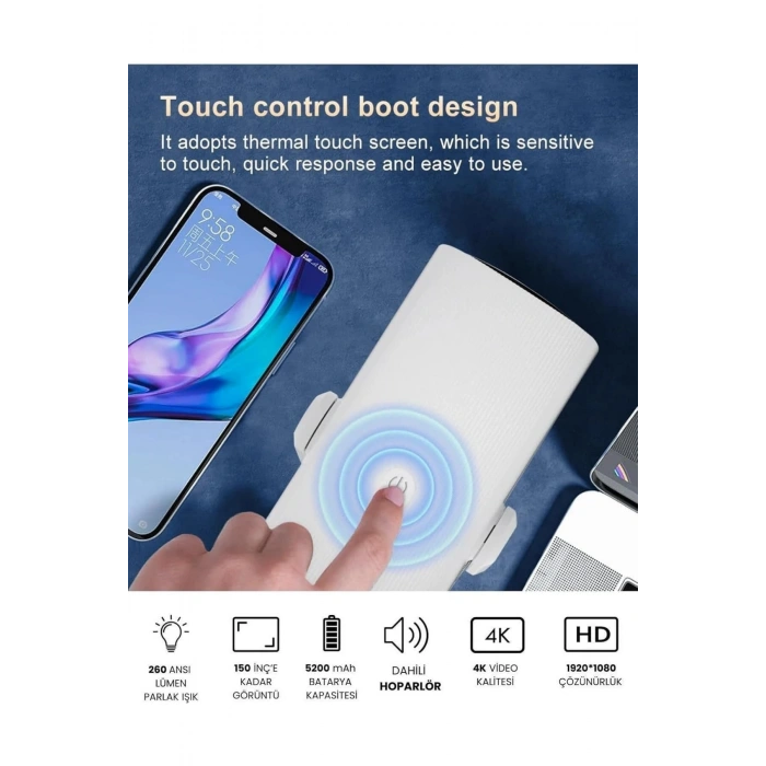 Glr K2 Pan-Tilt Lambalı Projektör 4K Destekli, Bluetooth 5.2 Android 11.0 Otomatik Odaklamalı Akıllı Projektör