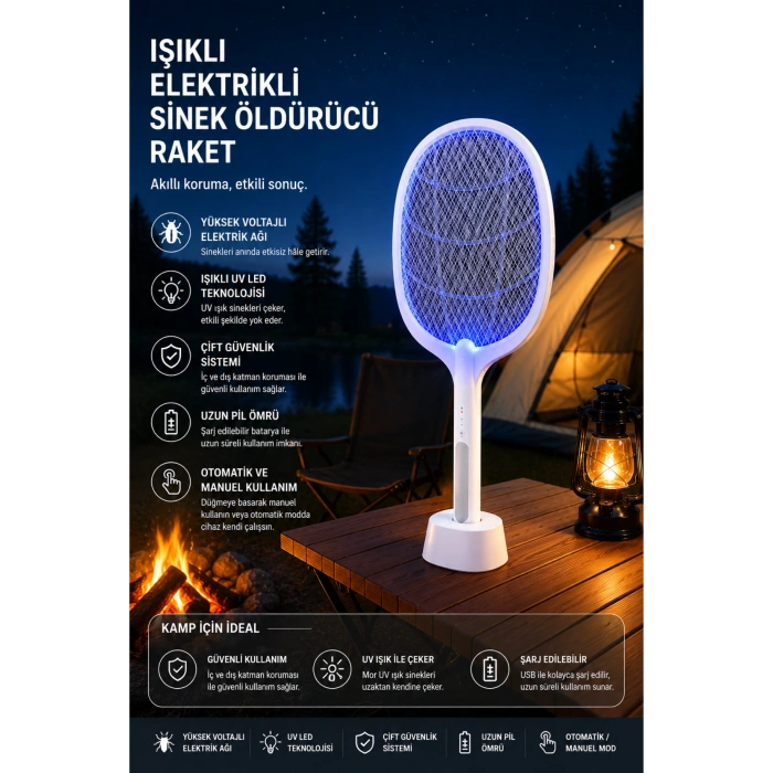 Glr LTD-618 Şarj Edilebilir Sivrisinek Raketi  Sinek Öldürücü Tuzak Lamba Type-C Şarjlı Stantlı