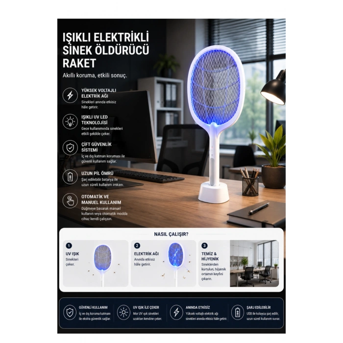 Glr LTD-618 Şarj Edilebilir Sivrisinek Raketi  Sinek Öldürücü Tuzak Lamba Type-C Şarjlı Stantlı