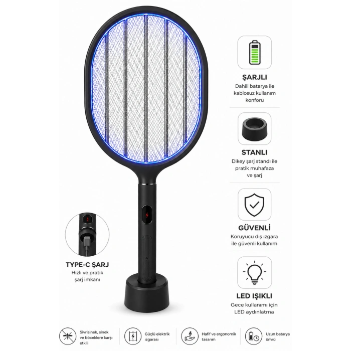 Glr LTD-718 Siyah Elektrikli Sinek Raketi  1200mAh Bataryalı, Type-C Şarjlı, Dijital Ekranlı Sinek Öldürücü