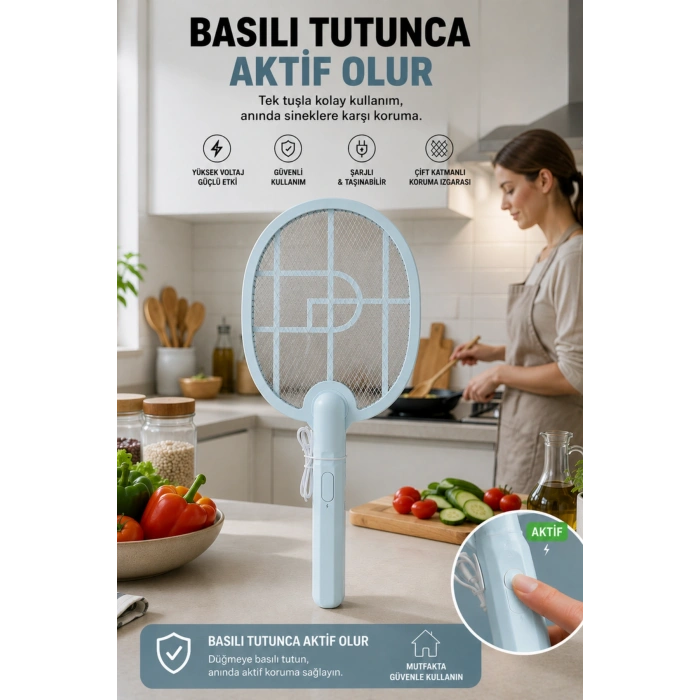 Glr USB-016 Mavi Şarj Edilebilir Sinek Raketi Type-C Girişli  Sivrisinek ve Sinek Öldürücü Raket