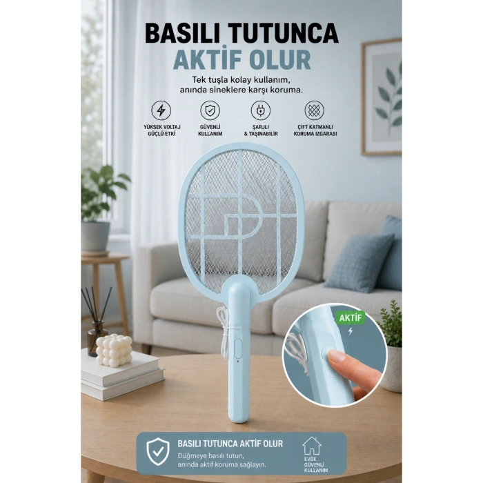 Glr USB-016 Mavi Şarj Edilebilir Sinek Raketi Type-C Girişli  Sivrisinek ve Sinek Öldürücü Raket