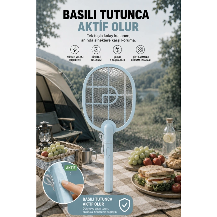 Glr USB-016 Mavi Şarj Edilebilir Sinek Raketi Type-C Girişli  Sivrisinek ve Sinek Öldürücü Raket