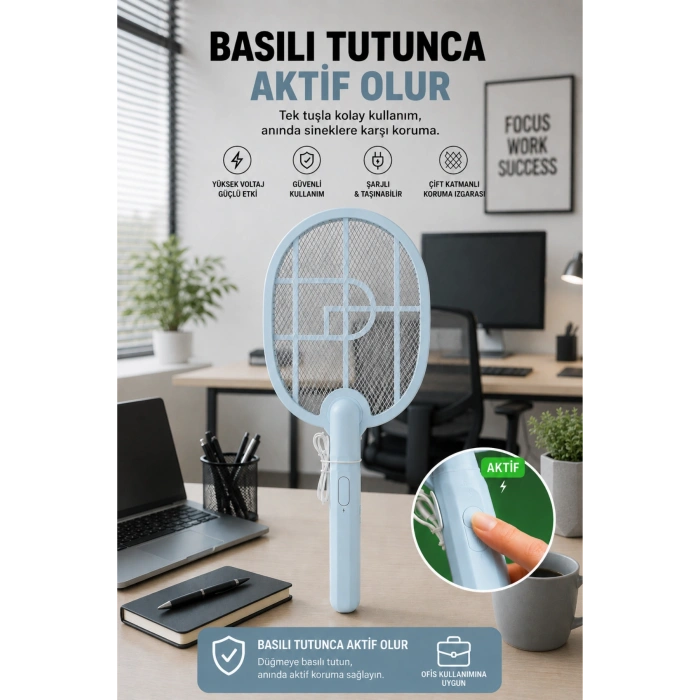 Glr USB-016 Mavi Şarj Edilebilir Sinek Raketi Type-C Girişli  Sivrisinek ve Sinek Öldürücü Raket