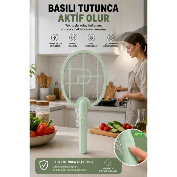 Glr USB-016 Yeşil Şarj Edilebilir Sinek Raketi Type-C Girişli  Sivrisinek ve Sinek Öldürücü Raket