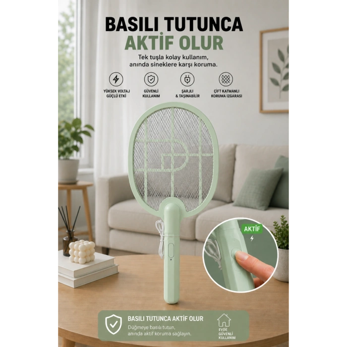 Glr USB-016 Yeşil Şarj Edilebilir Sinek Raketi Type-C Girişli  Sivrisinek ve Sinek Öldürücü Raket