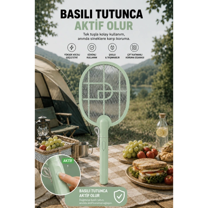 Glr USB-016 Yeşil Şarj Edilebilir Sinek Raketi Type-C Girişli  Sivrisinek ve Sinek Öldürücü Raket