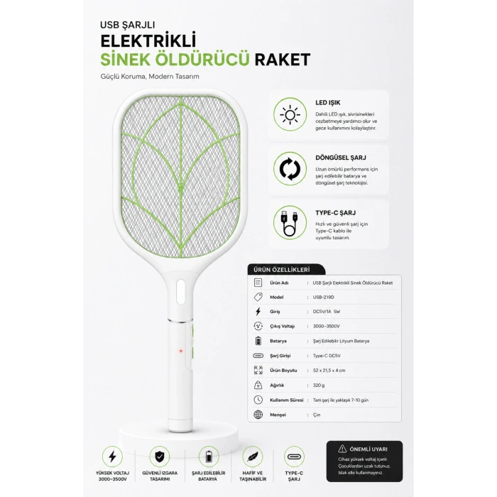Glr USB-219D Beyaz  Şarjlı Elektrikli Sinek Öldürücü Raket Type-C Girişli, LED Işıklı Sinek Savar