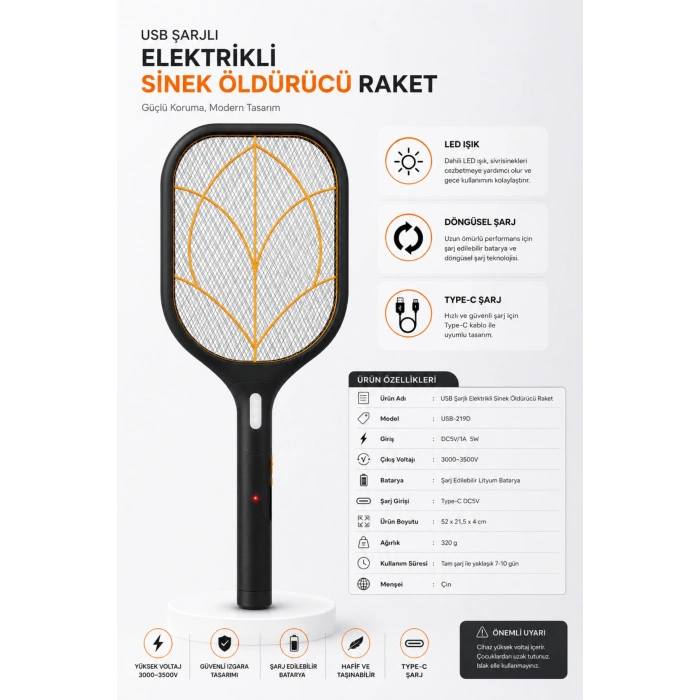 Glr USB-219D Siyah Şarjlı Elektrikli Sinek Öldürücü Raket Type-C Girişli, LED Işıklı Sinek Savar