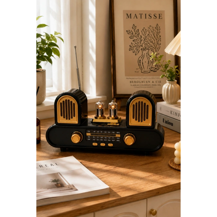 Golon RX-998 Siyah Nostaljik Şarjlı Radyo Bluetooth Hoparlör USB TF Kart FM/AM/SW 3 Bantlı