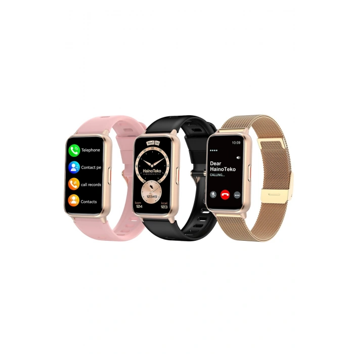 HainoTeko-28 Gold Amoled Akıllı Saat Bluetooth Arama 3 Kordon Set
