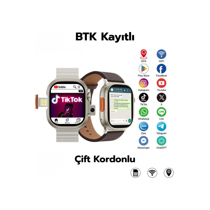 HainoTeko FG-7 Gri 5G Sim Kartlı Full Android Akıllı Saat GPS Wi-Fi Kameralı + Deri ve Silikon Kordon