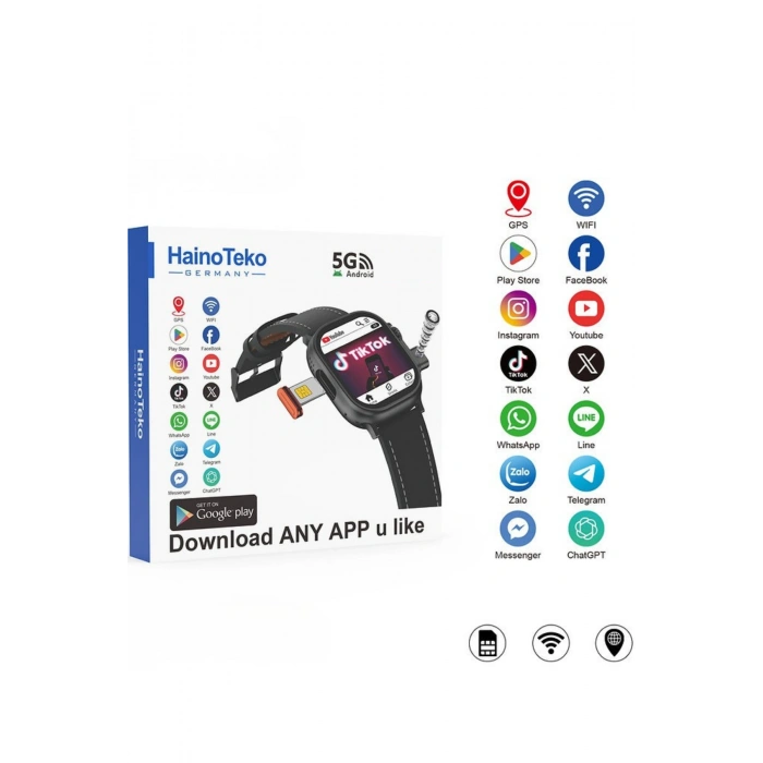 HainoTeko FG-7 Gri 5G Sim Kartlı Full Android Akıllı Saat GPS Wi-Fi Kameralı + Deri ve Silikon Kordon