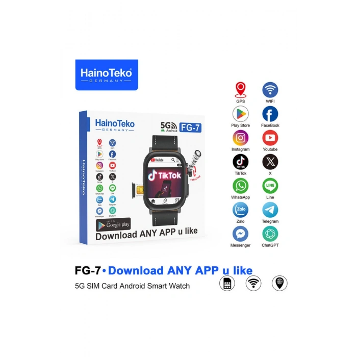 HainoTeko FG-7 Gümüş 5G Sim Kartlı Full Android Akıllı Saat GPS Wi-Fi Kameralı + Deri ve Silikon Kordon