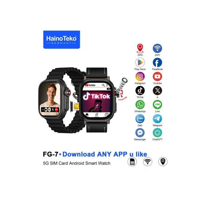 HainoTeko FG-7 Gümüş 5G Sim Kartlı Full Android Akıllı Saat GPS Wi-Fi Kameralı + Deri ve Silikon Kordon