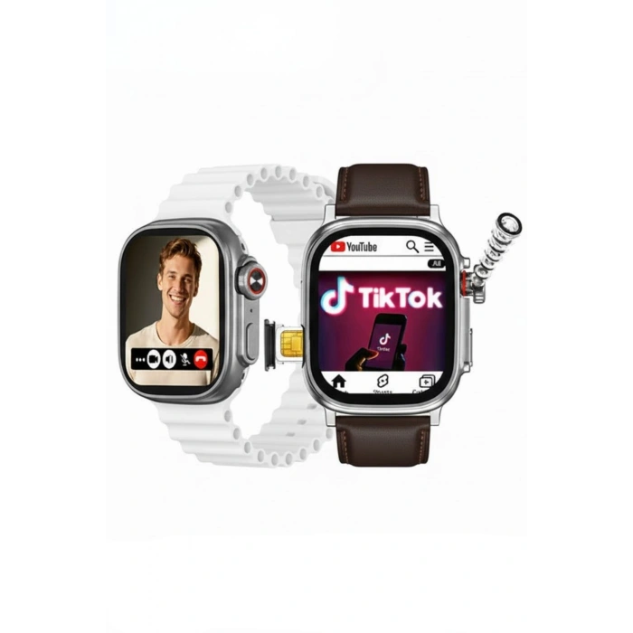 HainoTeko FG-7 Gümüş 5G Sim Kartlı Full Android Akıllı Saat GPS Wi-Fi Kameralı + Deri ve Silikon Kordon